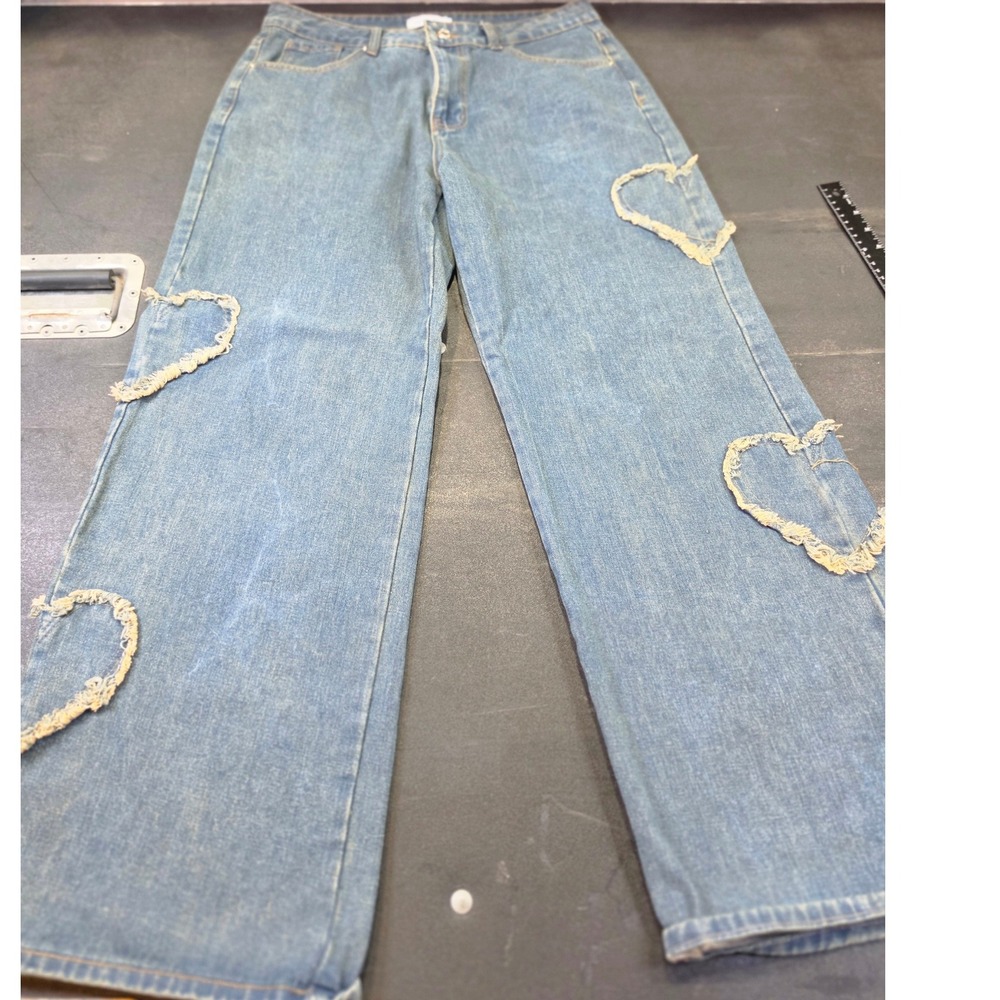 Angel Kiss Med Wash Heart Cut Out Frayed Wide Leg Jeans  Boho Boutique Size 9/29